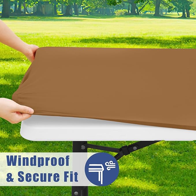 Moosfor Spandex 4 Foot Rectangle Table Cloth 2 Pack, Elastic Fitted Tablecloths for Picnic, Stretch Washable Patio Table Cover for Outdoor, Camping, Banquet and Parties (Brown, 30"x48")