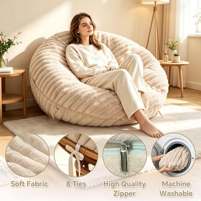 Fluffy Shaggy Cover for Papasan Cushion Cover, 55 Inch, Machine Washable | Super‑Soft Faux Fur Papasan Chair Cushion Cover, 8 Ties Keep Cover Secure, Long‑Zipper for Easy Removal, khaki (Only Cover)