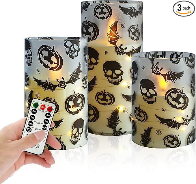 Ghost Flameless Candles with String Lights - 3pcs Halloween Battery Operated Candle Flickering Floral LED Pillar Candles with Timer Remote for Home Decor Romantic Ambiance
