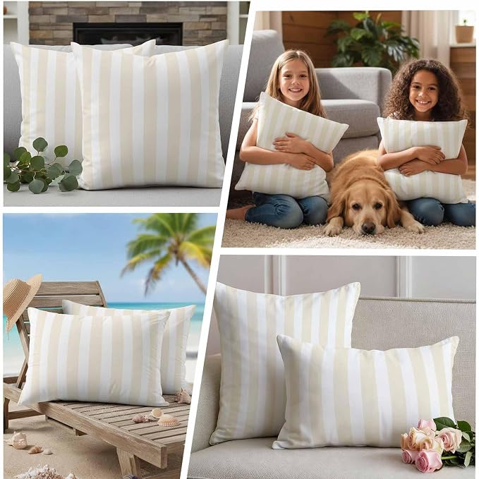 Cream Striped Outdoor Waterproof Throw Pillow Covers 20x12 Set of 2, Modern Farmhouse Cream White Stripes Decorative Pillowcases Cushion Pillowcase for Couch Sofa Patio Outside Pillow Protector