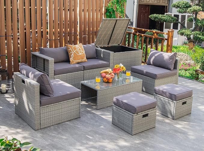Tangkula 8 Piece Patio Wicker Furniture Set, Patiojoy Space Saving Outdoor PE Rattan Conversation Set with Storage Box & Waterproof Cover, Coffee Table, 2 Ottomans, 2 Armless Sofas & 2 Corner Sofas