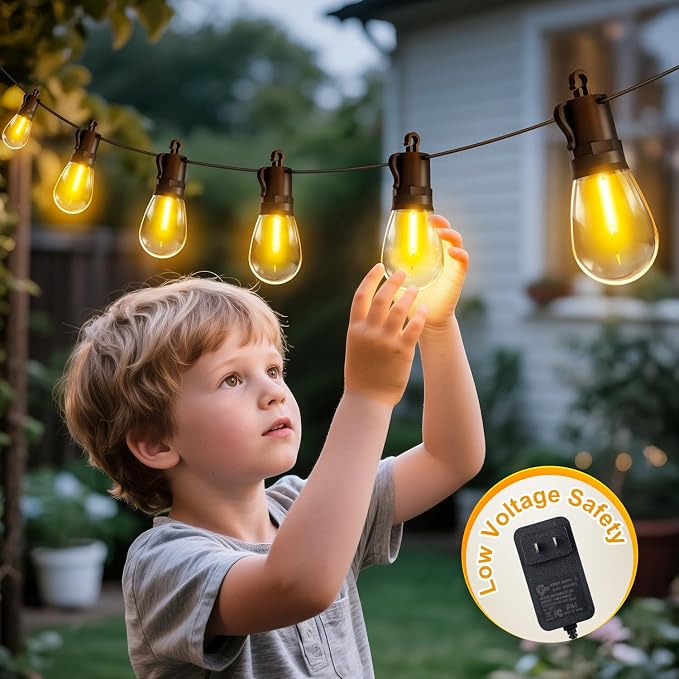 Outdoor String Lights Patio LED - Light Outside Waterproof S14 Porch Lighting Edison Plastic Bulb Pergola Hanging Balcony Connectable Backyard Yard Gazebo Party Garden Bistro 20M 65FT