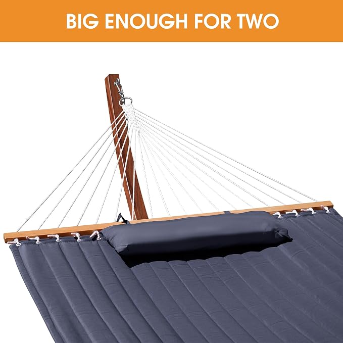 Lazy Daze Hammocks 12 FT 2 Person Double Quilted Hammock with Curved Steel Heavy Duty Stand and Pillow for Outside, Backyard, Patio, 450 Lbs Capacity, Dark Grey