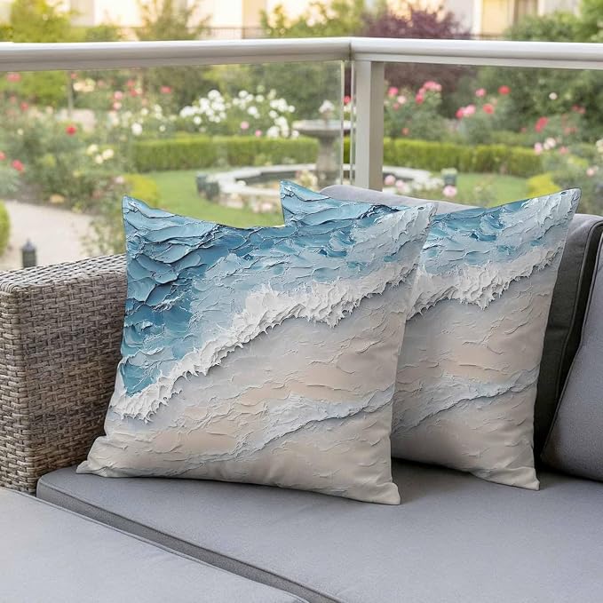 Outdoor Pillow Covers Set of 2, Abstract Ocean Scene Oil Painting Art Decorative Throw Pillow Covers 16X16IN, Natural Sea Wave Beach Throw Pillows Protector Cushion Case for Patio,Couch,Sofa,Garden