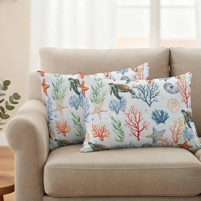 Summer Ocean Outdoor Waterproof Pillow Covers Pack of 2, Blue Nautical Sea Turtles Shells Corals Starfish Decorative Throw Pillowcases Cushion Covers for Garden Patio Tent Sofa Couch, 20x12 inch
