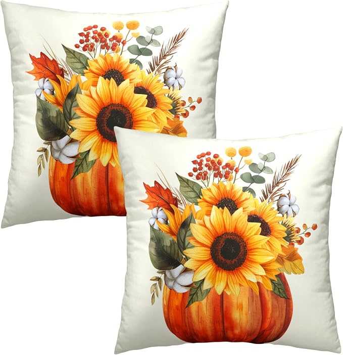Fall Sunflower Pumpkin Pillow Cover Set of 2-18x18 Inch Autumn Flower Floral Harvest Seasonal Decorative Sofa Couch Cushion Case for Porch Patio Outdoor Indoor Home Decor, lhlhy9YBPV2F88240426