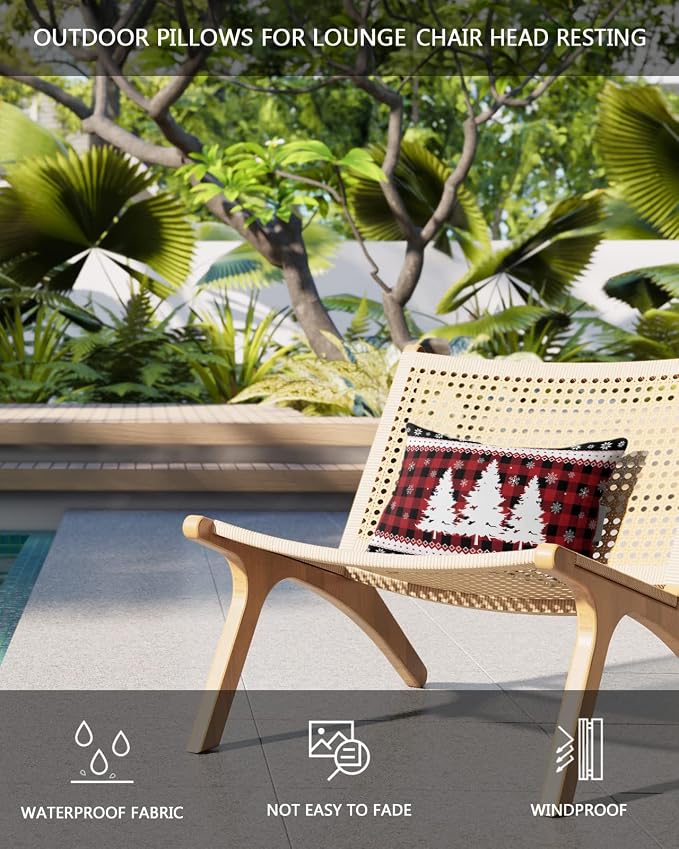 Outdoor Pillows Covers with Inserts Christmas Tree Snowflake Red Black Buffalo Plaid Waterproof Pillow with Adjustable Strap Throw Pillows for Patio Furniture Recliner Lounge Chair, 11x16 inch, 1PCS