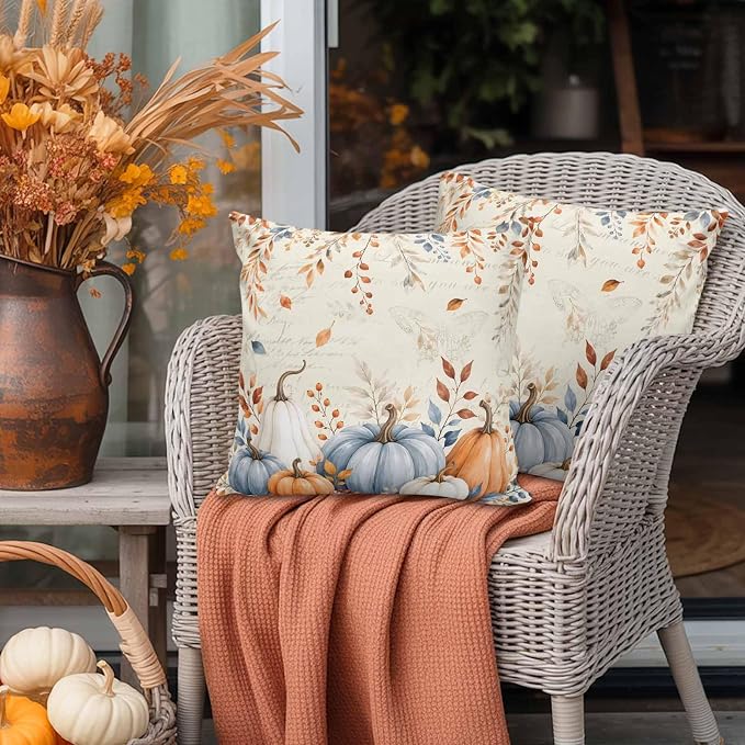 Orange Blue Pumpkins Fall Throw Pillow Covers 20x20 Inch Set of 2, Thanksgiving Waterproof Outdoor Pillow Covers, Eucalyptus Vintage Decorative Cushion Pillowcases for Couch, Sofa, Bed, Garden, Patio