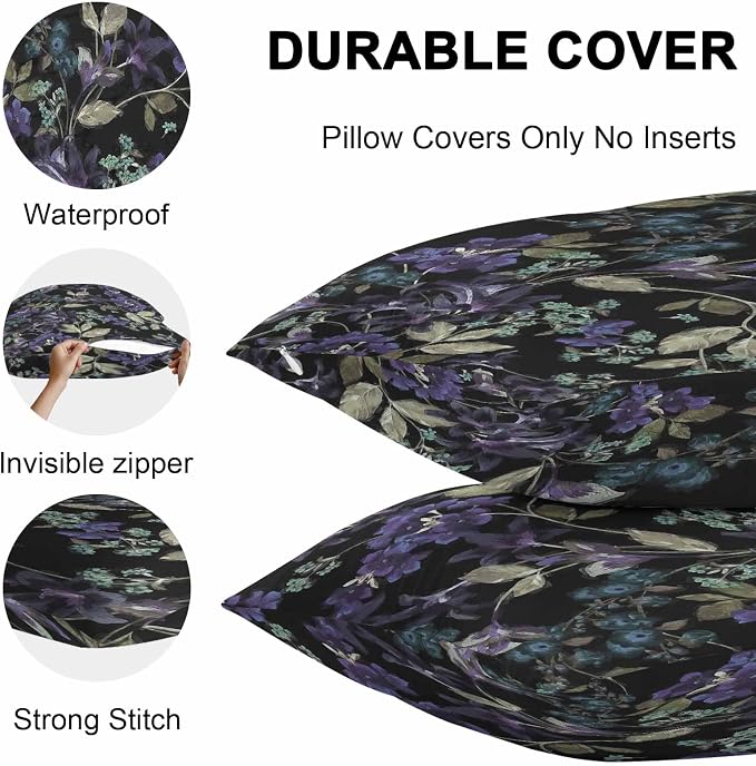 Purple Green Flower Leaf on Black Outdoor Pillow Covers 16x16in Pack of 2 Waterproof Pillowcase Retro Plant Oil Painting Decorative Throw Cushion Case for Patio Couch Sofa