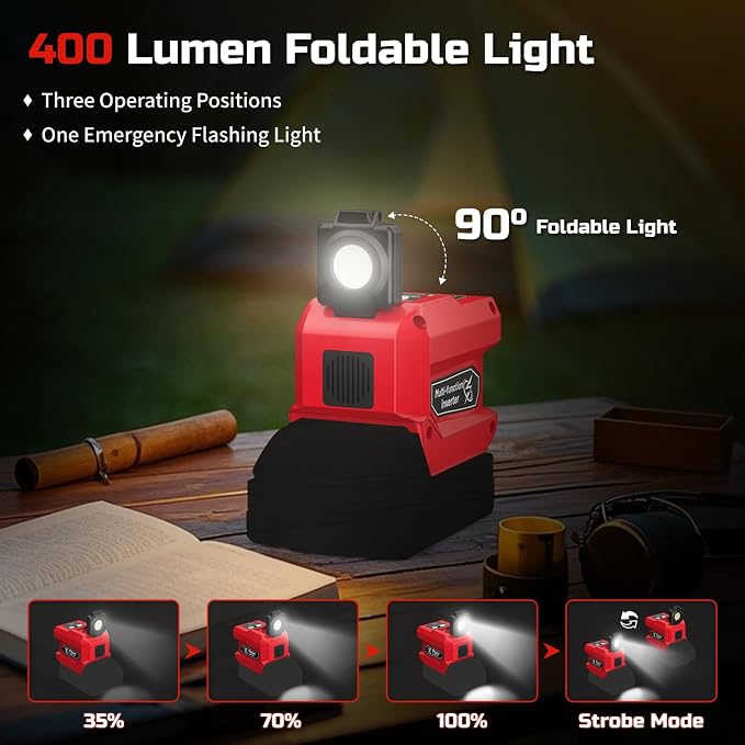 220W Power Inverter Compatible with Milwaukee 18V Battery, DC 18V to AC 110V Portable Power Station Generator with 1 AC Outlet, 2 USB Ports & 1 Type-C Fast Charging, 400LM LED Work Light (2-Pack)