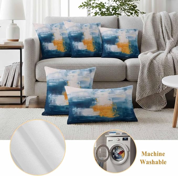 Blue Yellow Outdoor Waterproof Throw Pillow Covers Set of 2, 20"x12", Abstract Oil Painting Decorative Pillow Covers Outside Cushion Case for Patio Porch Garden