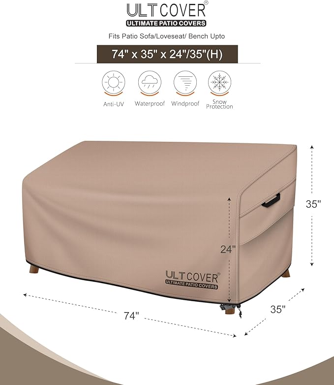 ULTCOVER Patio Furniture Sofa Cover 74W x 35D x 35H inch Waterproof Outdoor 3-Seater Couch Cover