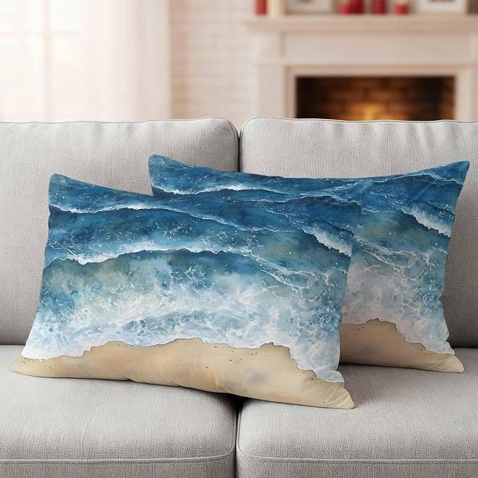 Abstract Waves Outdoor Waterproof Throw Pillow Covers Set of 2, 20"x12", Blue Ocean Spray Beach Watercolor Decorative Pillow Covers Outside Cushion Case for Patio Porch Garden