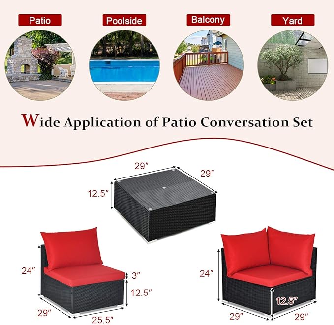 COSTWAY 7 Pieces Patio Furniture Set, Outdoor Rattan Conversation Set with 6 Seats, Coffee Tea Table, Soft Cushions, Wicker Patio Sectional Sofa for Garden Balcony Porch Poolside, Red