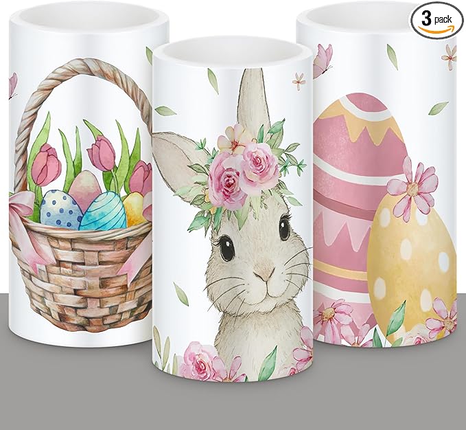 Retisee 3 Pcs Colorful Easter Flameless LED Candles Battery Operated Bunny Spring Flickering Pillar Candles with Remote Pastel Easter Decoration Centerpiece for Bedroom Living Room Dinner Table Decor
