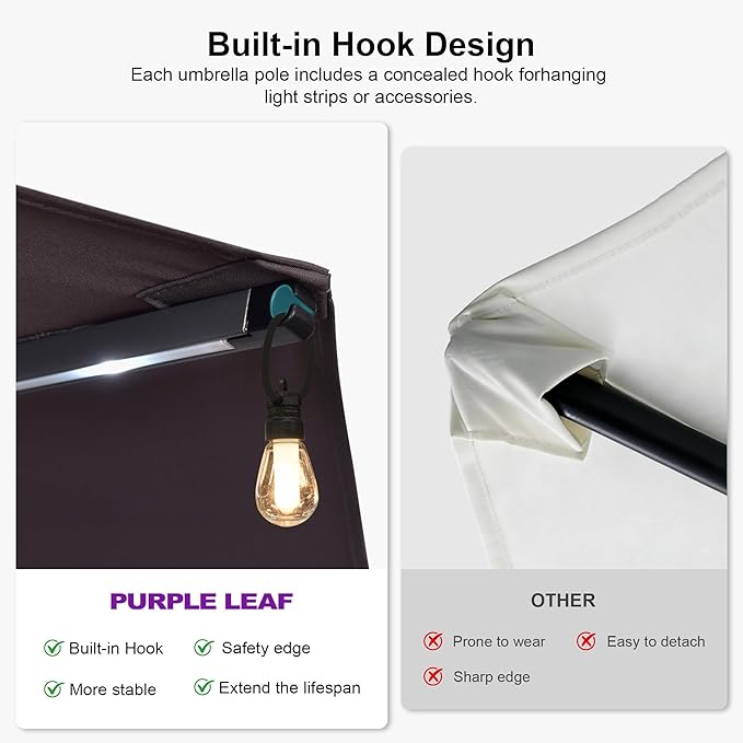 PURPLE LEAF 13ft Double-Sided Patio Umbrella with Solar Lights Outdoor Market Umbrella with Base and Crank Handle Table Umbrella for Backyard Pool Garden Deck, Light Grey