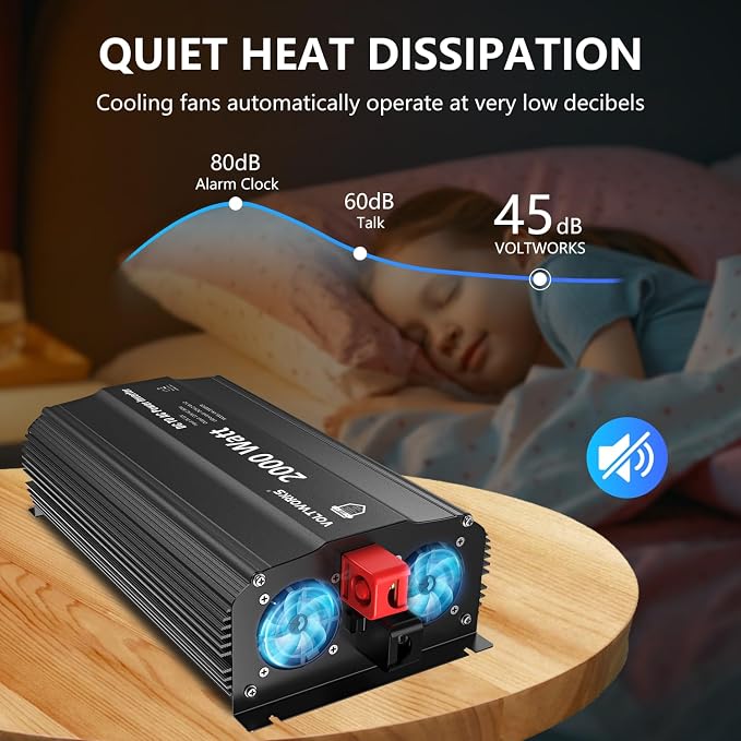 Power Inverter 2000Watt 12V DC to 110V 120V AC Built-in UL Approved Fuses with Remote Control & 2.4A USB Port 3AC Outlets Compatible with Lithium Battery for Off-Grid Solar Home RV Truck by VOLTWORKS
