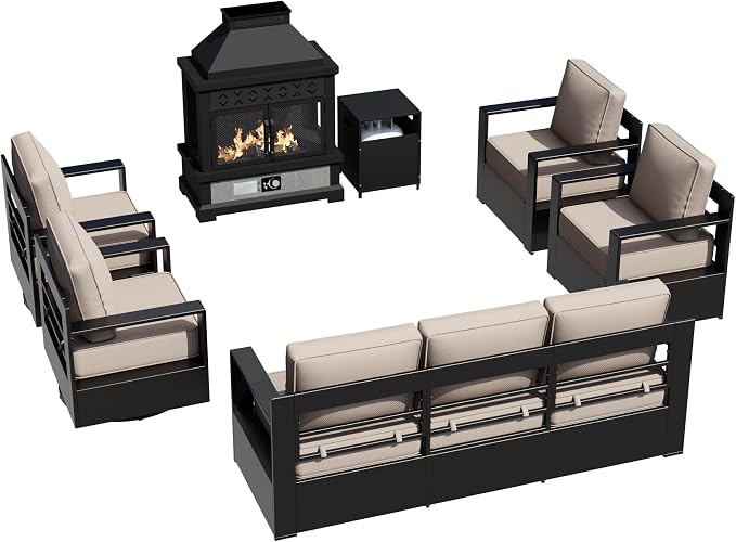 Outdoor Aluminum Furniture Set, 6-Piece Patio Conversation Set, 2 Swivel Chairs, 2 Chairs,1 Sofa and 1 Fireplace, All-Weather Metal Frame, 6" Thick Removable Cushions, Deep Setting for Porch