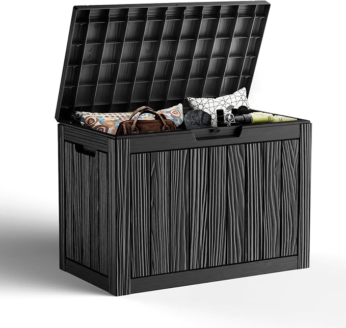 PatioZen 45 Gallon Resin Deck Box, Lockable Outdoor Storage Box for Patio Cushions Storage Furniture,Garden Tools, Pool Supplies, Weatherproof and UV Resistant (Black)
