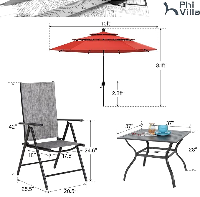 PHI VILLA Outdoor Dining Set with Umbrella for 4, Patio Dining Funiture Set with Metal Outdoor Table and Chairs Foldable with Adjustable Backrest (No Umbrella Base)
