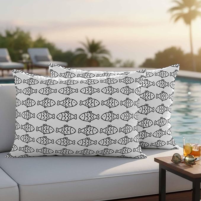 Summer Funny Animals Outdoor Waterproof Throw Pillow Covers Set of 2, 20"x12", Abstract Oceans Black Line Fish Texture Decorative Pillow Covers Outside Cushion Case for Patio Porch Garden