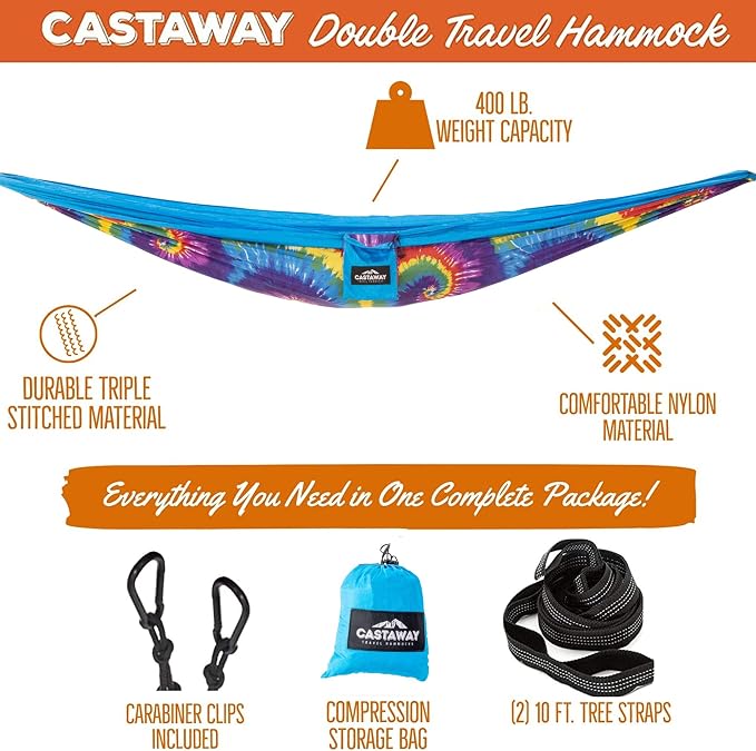 Hammock in a Bottle By Castaway Living, Tiedye Double Camping Hammock with 2 Tree Straps, 32 oz. Bottle, Triple Stitched Durable Nylon Material, Compact Design for Travel, Beach, Backyard, 400 Lbs.