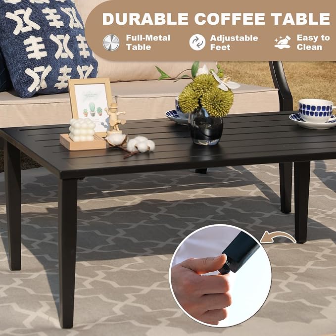 4-Piece Patio Furniture Set, Wider Outdoor Metal Seating Sofa with High Back & Loveseat, Coffee Table, All Weather Metal Conversation Set for Backyard, Poolside, Deck-Beige