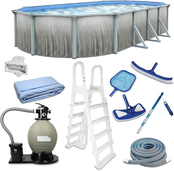 Blue Wave Martinique 12x24-ft Oval 52-in Deep Hard Sided Above Ground Pool Kit with 7-in Steel Top Rails, Dual-Speed Sand Filter System, Ladder, Liner, Skimmer & Maintenance Kit – 6,300 Gallon Cap