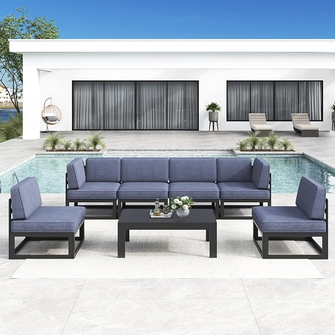 LayinSun Large Aluminum Patio Furniture Set, 7 Pieces Modern Outdoor Conversation Set Sectional Metal Sofa Set with Olefin Cushion