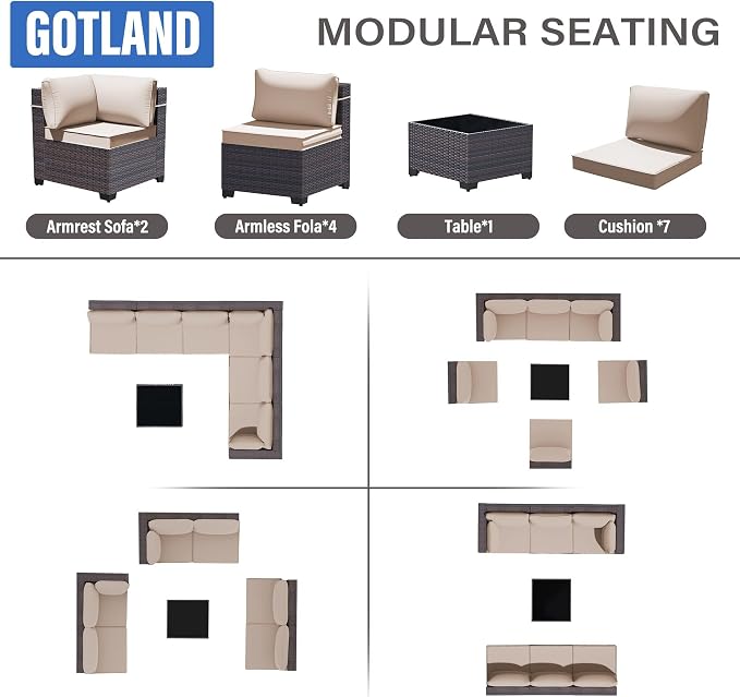 Gotland 7 Pieces Patio Furniture Set with 4’’ Thick Cushions, All-Weather PE Rattan Patio Set with 29.5'' High Backrest, Outdoor Furniture with Coffee Table for Porch Deck Garden Khaki