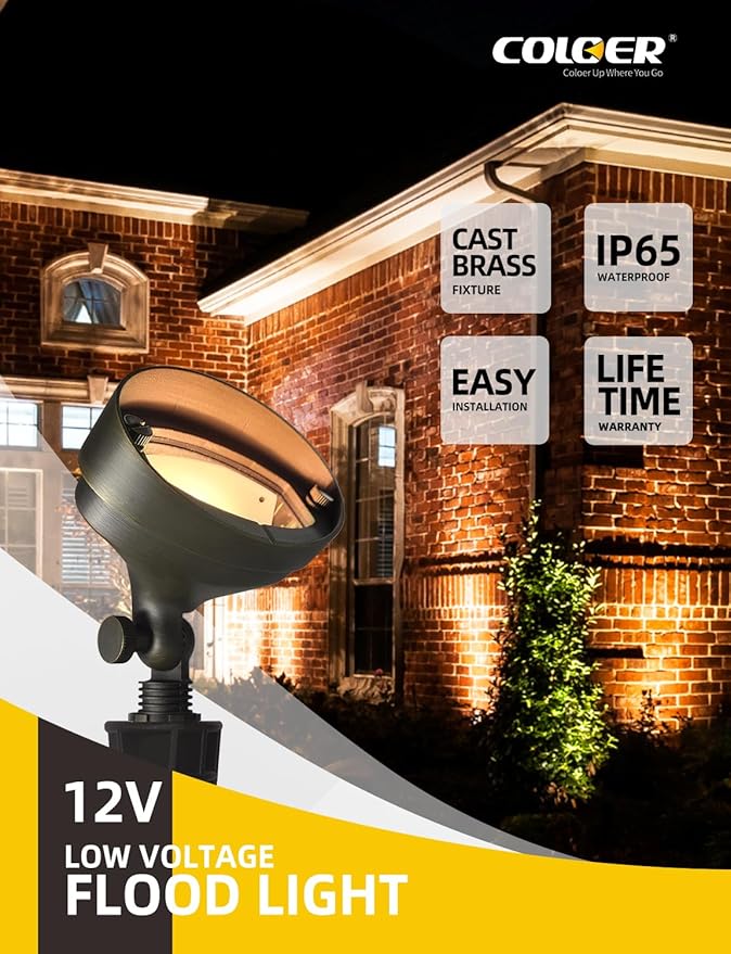 COLOER Die-cast Brass LED Landscape Flood Lights Outdoor 12-Pack with G4 Bulb, 3W 12-15 Volt Low Voltage Wall Wash Lighting, Outdoor Floodlight for Illuminating Signs, Walls and Plant Material(501B)