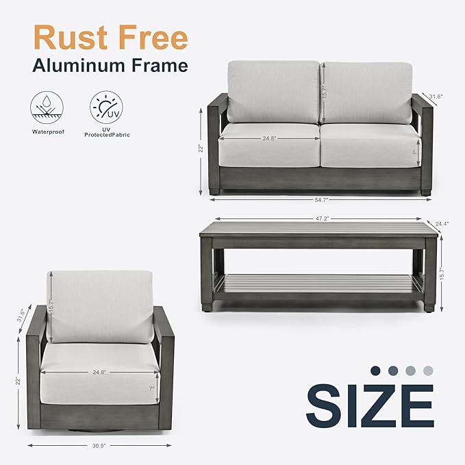 HAPPATIO Oversized Aluminum Patio Furniture Set, Outdoor Conversation Set 4 Pieces with Loveseat, 2 Swivel Sofa Chairs,1 Coffee Table, Extra Large Seat with Thicken Cushion for Deck Poolside, Grey