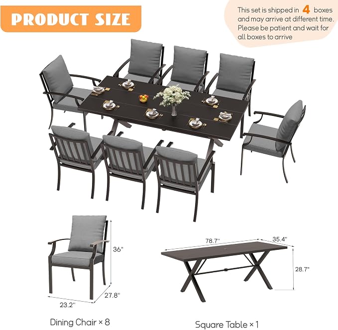 9-Piece Patio Dining Set Outdoor Conversation Set,Metal Outdoor Furniture Set with Umbrella Hole Cut-Out 78.7" x 35.4" Table and 8 Metal Backrest Chairs for Backyard,Garden,Grey