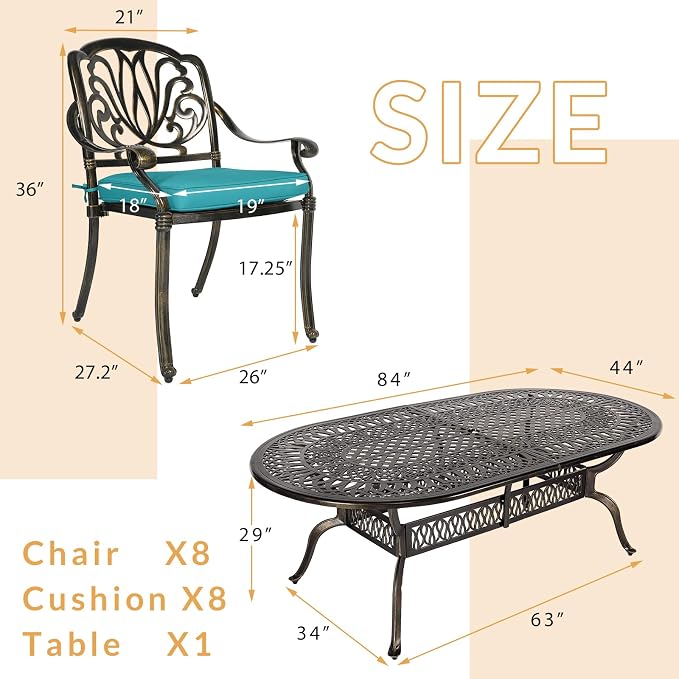 9-Piece Patio Dining Set, Outdoor Patio Table and Chair Set of 84” Oval Cast Aluminum Dining Table with Umbrella Hole and 8 Outdoor Dining Cushion Chairs, Patio Funiture Set for Garden, Blue