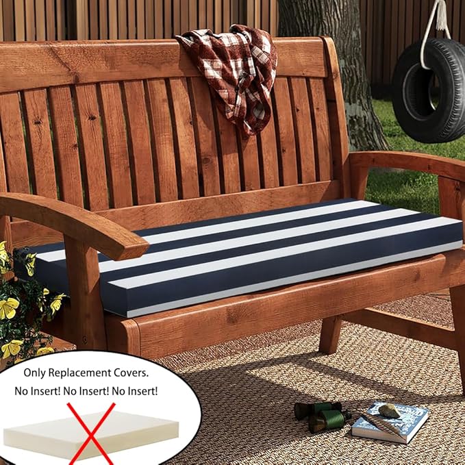 Magpie Fabrics Patio Bench Cushion Cover 54x18x3 Inch, NO Insert! Water&Fade Resistant Outdoor Loveseat Replacement Cover with Zipper (Navy White)