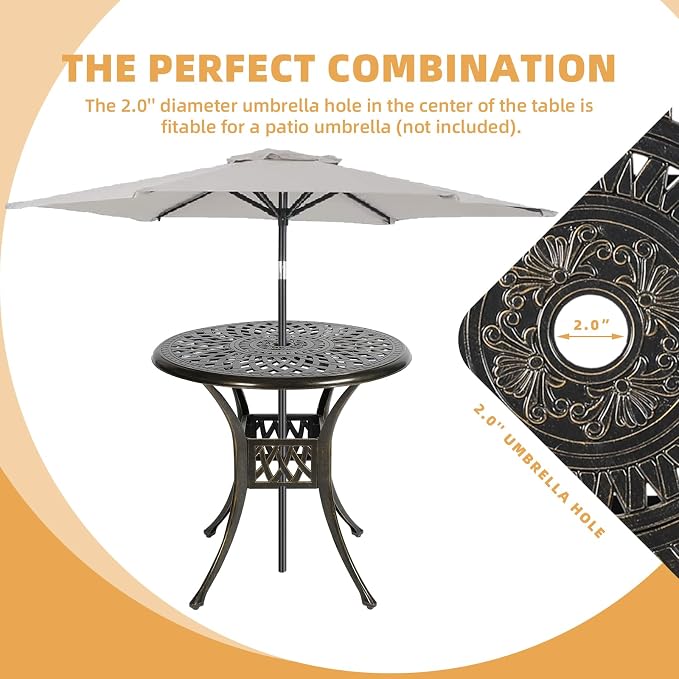 3-Piece Outdoor Patio Dining Set, All-Weather Cast Aluminum Patio Furniture Set for Backyard Garden Deck with 2 Swivel Cushioned Chairs and 31” Round Table, 2" Umbrella Hole, Ocean Blue