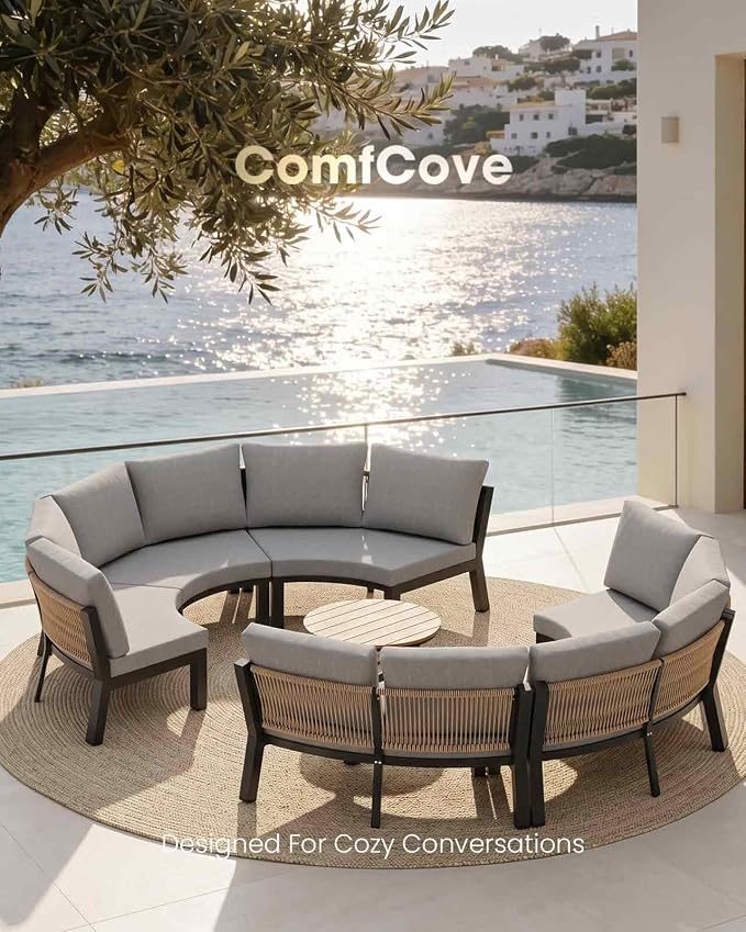 Half Moon Patio Furniture Set, Aluminum Curved Patio Conversation Sets, Luxury Outdoor Sectional Sofa with PE Rope, All-Weather 4 Pcs Outdoor Couch with Modular Coffee Table & Cushions, Gray