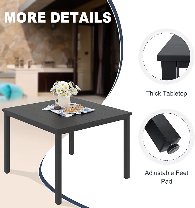 VICLLAX Patio 5 Pieces Outdoor Dining Set for 4, Wrought Iron Metal Outdoor Table and Chairs Set, 40" Square Table with Umbrella Hole and 4 Stackable Chairs for Lawn, Garden, Porch, Black