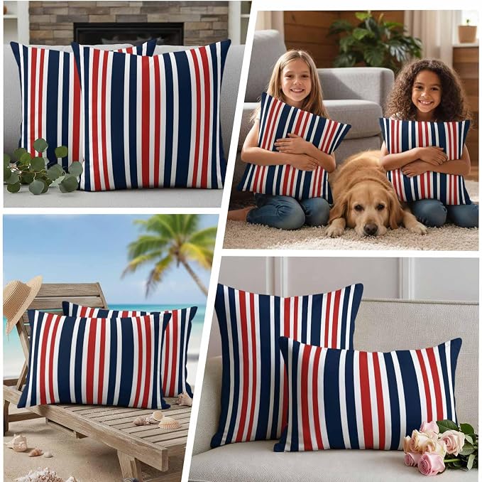 Waterproof Pillow Covers Set of 2,Patriotic Red White Blue Striped Outdoor Pillow Protectors with Zipper Pillowcases for Patio Tent Garden Beach 26x26 Inches Minimalist Geometric