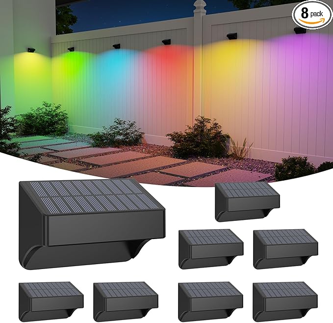 ZCXLIGHT Solar Fence Lights Outdoor,Fence Solar Lights Outdoor Waterproof Led IP65 with10 Fixed Colors ＆ RGB Color Changing for Wall Backyard Step Railing Patio Pool Porchaily&Holiday Decorations (8)