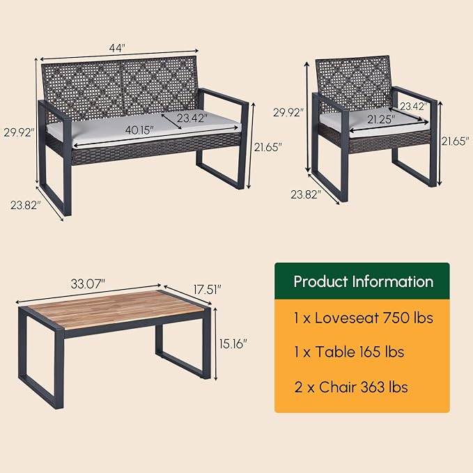 BEEFURNI Wicker Patio Furniture Outdoor Conversation Set of 4, Rattan Outdoor Furniture Set, Acacia Wood Table, 2 Chairs, 1 Loveseat, 2” Cushions, All Weather Set for Patio, Porch, Balcony (Black)
