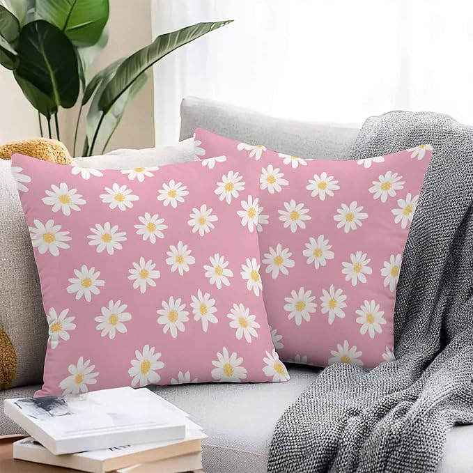 Throw Pillow Covers 20x20 Inch Set of 2, White Pink Daisy Waterproof Outdoor Pillow Covers, Spring Summer Floral Farmhouse Decorative Cushion Pillowcases for Couch, Sofa, Bed, Garden, Patio