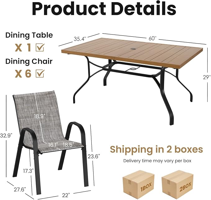 Soohow Outdoor Dining Set for 6, Outdoor Patio Dining Set 6 x Stackable Chairs & 1 x Wood-Like Outdoor Table with Umbrella Hole, All-Weather Patio Table and Chairs for Poolside, Backyard and Porch