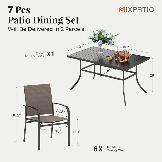 MIXPATIO Outdoor Patio Dining Set 7 Piece Furniture Set with Metal Patio Dining Table with Umbrella Hole Table for Deck Garden Backyard Lawn Poolside