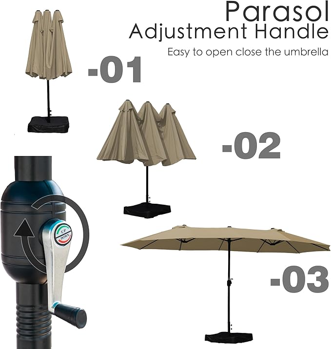 Kozyard 15 FT Rectangular Double-Sided Patio Umbrella with Solar Lights, Outdoor Patio Umbrella with Crank Lift, Base Included, UV-Resistant for Pool, Backyard & Garden Beige