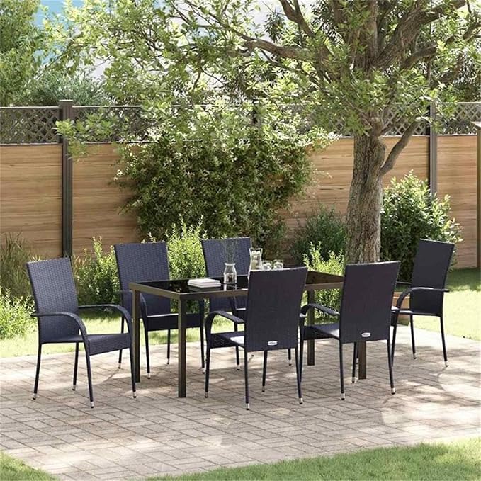 Afuera Living 7 Piece Poly Rattan Patio Dining Set, Black Finish, Powder-Coated Steel Frame, Seating for 6, Weather-Resistant Outdoor Furniture, Rectangular Design for Garden, Balcony, or Backyard Use