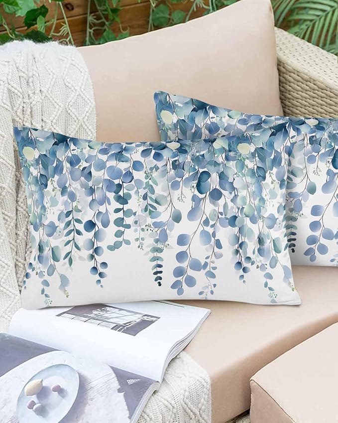Outdoor Waterproof Pillow Covers Blue Eucalyptus Leaves Set of 2 Decorative Outdoor Pillowcases Watercolor Plant Leaf Cushion Cases for Patio Funiture Garden Couch Bench 12 x 20 Inches