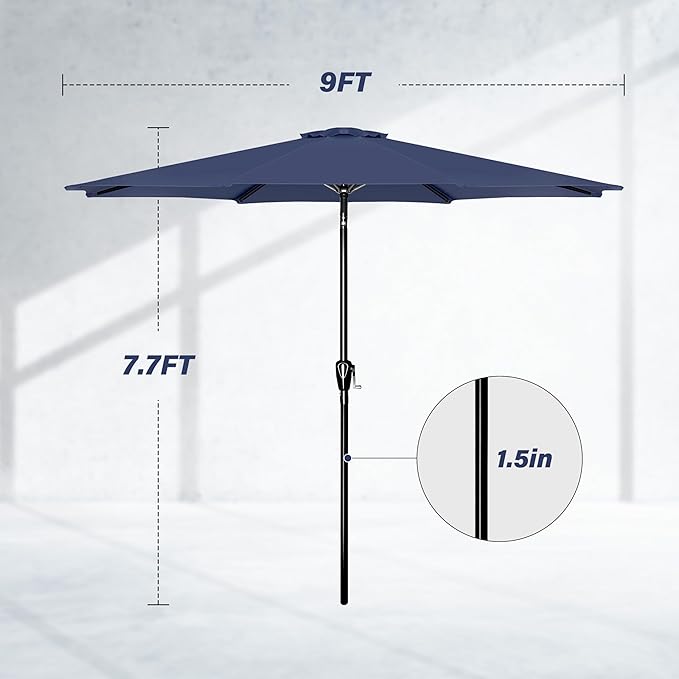 Simple Deluxe 2 Pack 9FT Outdoor Patio Umbrella Table Market Umbrella with Push Button Tilt and Crank, 8 Sturdy Ribs, UV Protection Waterproof for Garden, Lawn, Deck, Backyard, Pool, Dark Blue