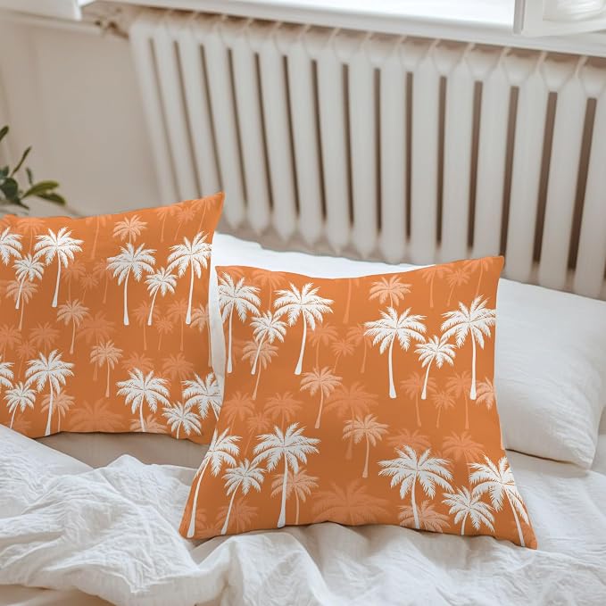Throw Pillow Covers 24x24 Inch Set of 2, Tropical Palm Tree Waterproof Outdoor Pillow Covers, Orange White Plants Coastal Leaf Beach Decorative Cushion Pillowcases for Couch, Sofa, Bed, Garden, Patio