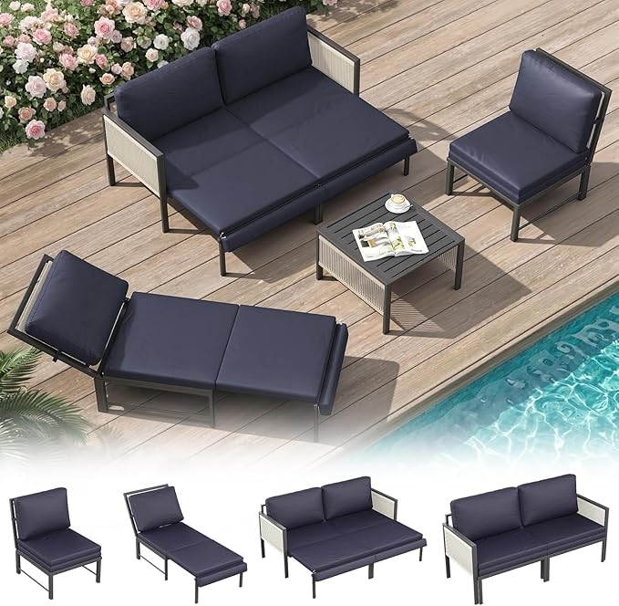 AECOJOY Aluminum Patio Furniture Set 8 Seats Outdoor Sectional Couch with Coffee Central Table Patio Conversation Sets for Porch Deck (Dark Blue, 8PCS, 8 Seat)